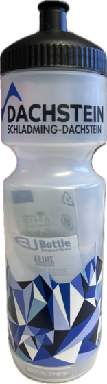 Transparente Trinkflasche mit schwarzem Deckel, blauer Dachstein-Grafik und Aufdruck Schladming-Dachstein | © Planai-Hochwurzen-Bahnen Gesellschaft m.b.H.