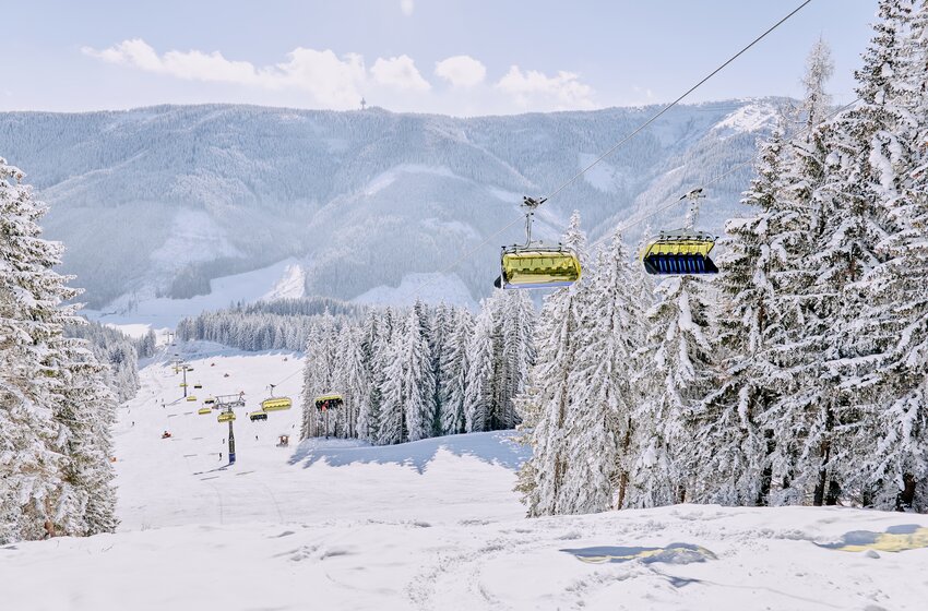 Chairlift glides above snowy slope in sunny ski resort | © Bergbahnen Filzmoos GmbH Yellow chairlifts move above wide ski slope with snowy trees and mountain scenery in background | © Bergbahnen Filzmoos GmbH