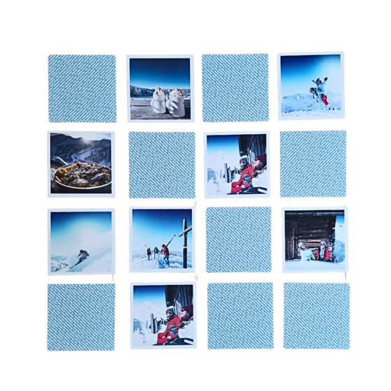 Mehrere Memory-Karten teils aufgedeckt mit Winterbildern wie Skifahrer, Hütte, Tiere und Landschaft | © Ski amadé GmbH