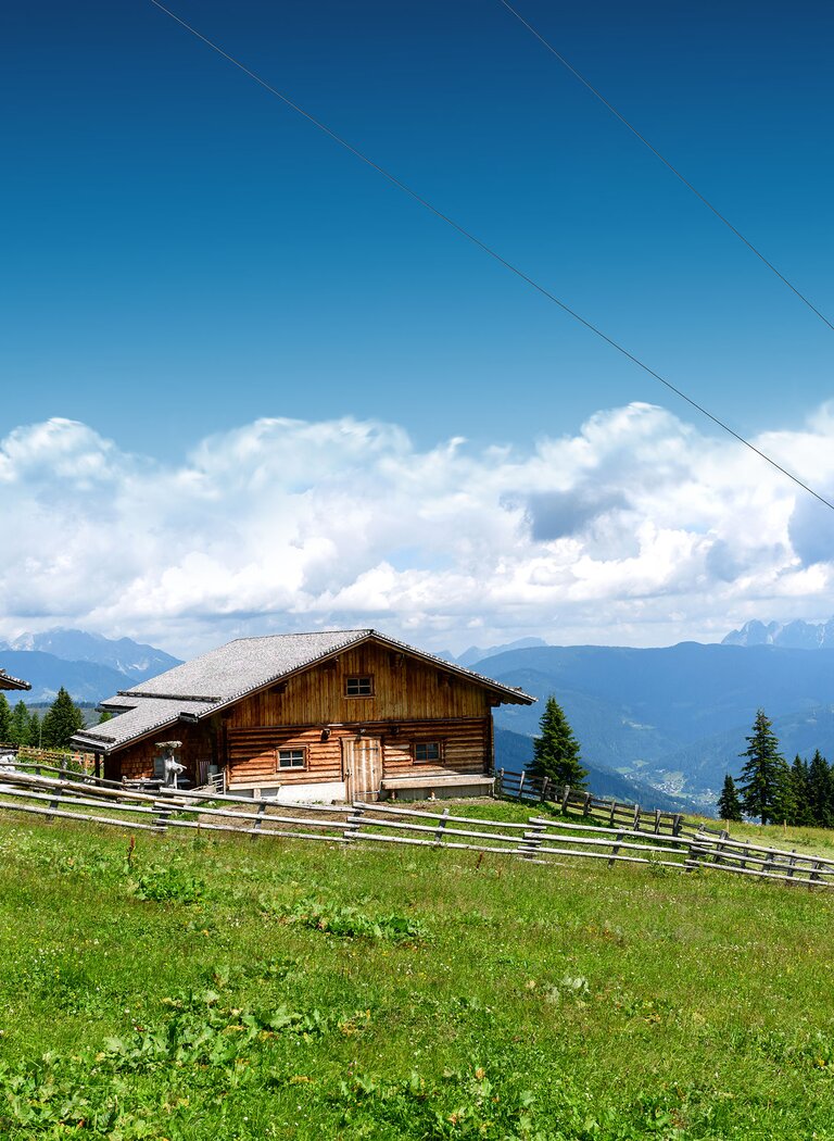 Chairlift rides above green alpine meadow with two wooden huts, mountain backdrop, forest, and partly cloudy sky. | © Ski amadé GmbH
