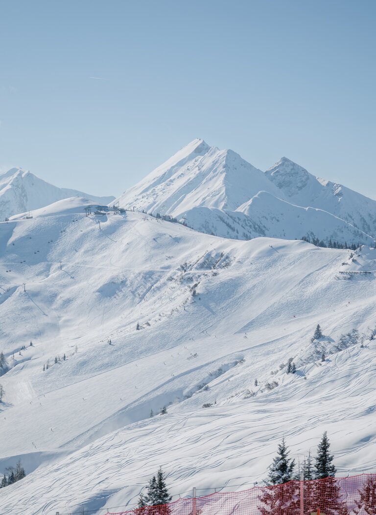 Verschneite Alpenlandschaft mit Skipisten, Bäumen und Berggipfeln bei Sonnenschein | © Ski amadé GmbH