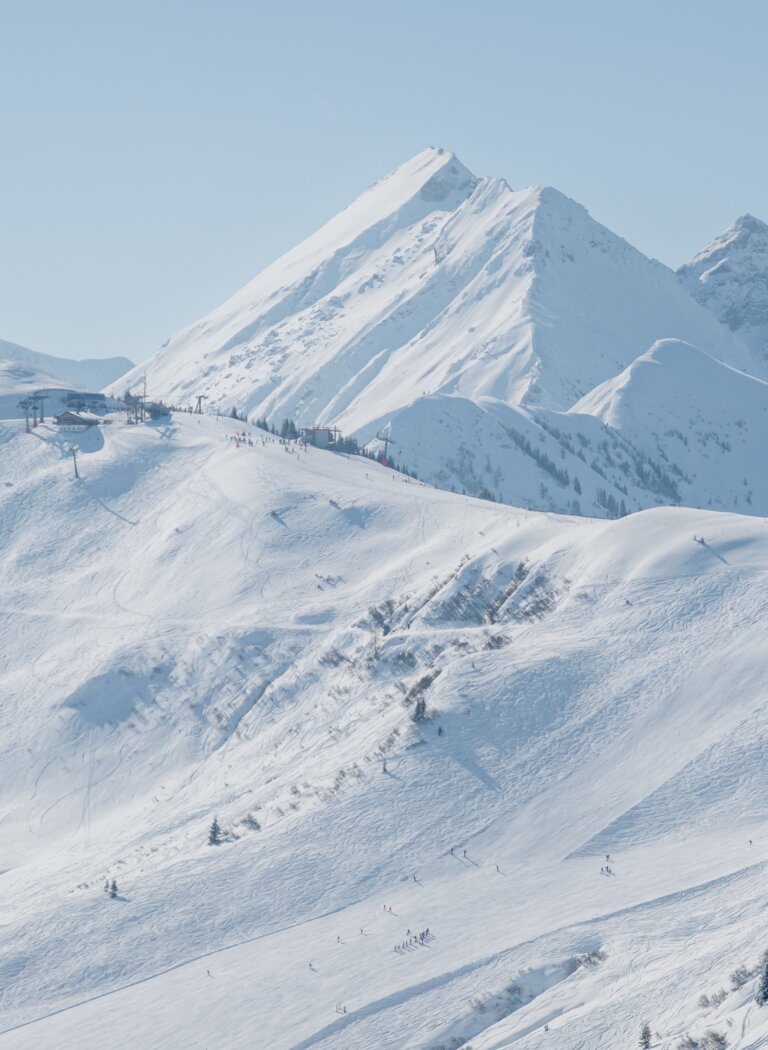 Verschneite Alpenlandschaft mit Skipisten, Bäumen und Berggipfeln bei Sonnenschein | © Ski amadé GmbH