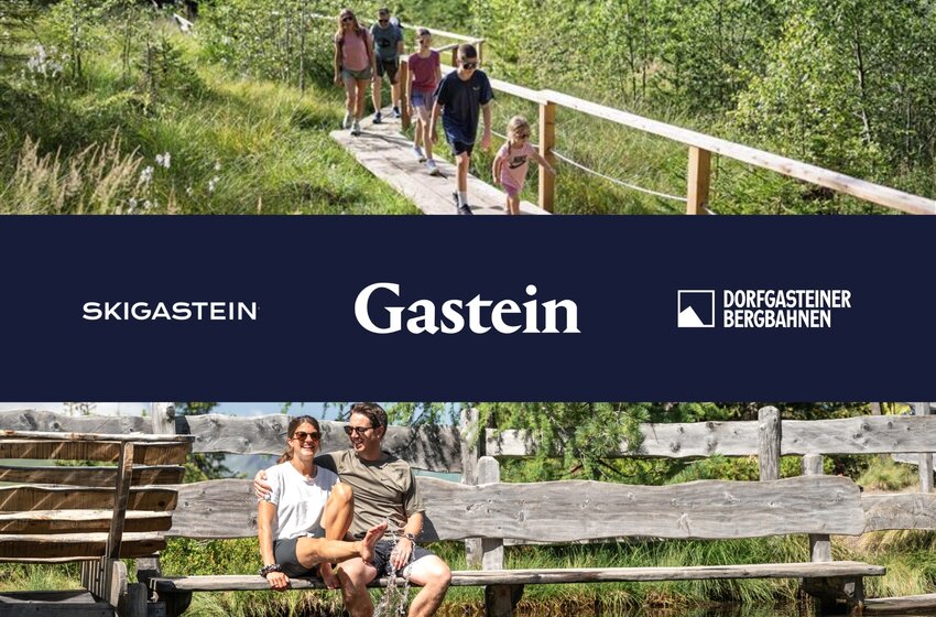 Familie wandert auf Holzsteg durch Wiese und Bäume; unten sitzt Paar auf Steg am Teich und kühlt Füße im Wasser | © Gasteiner Bergbahnen AG